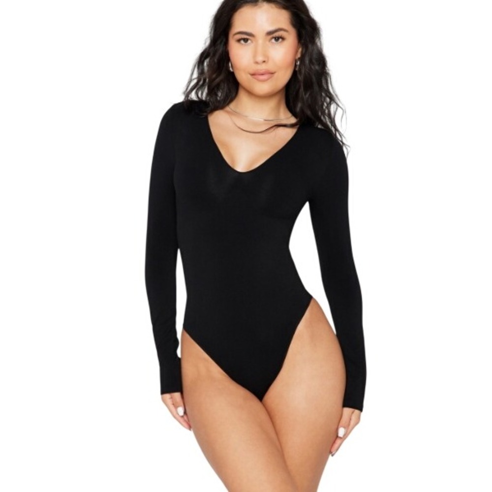 Fabletics Nearly Naked Shapewear Plunge Long Sleeve Bodysuit Black XL/XXL